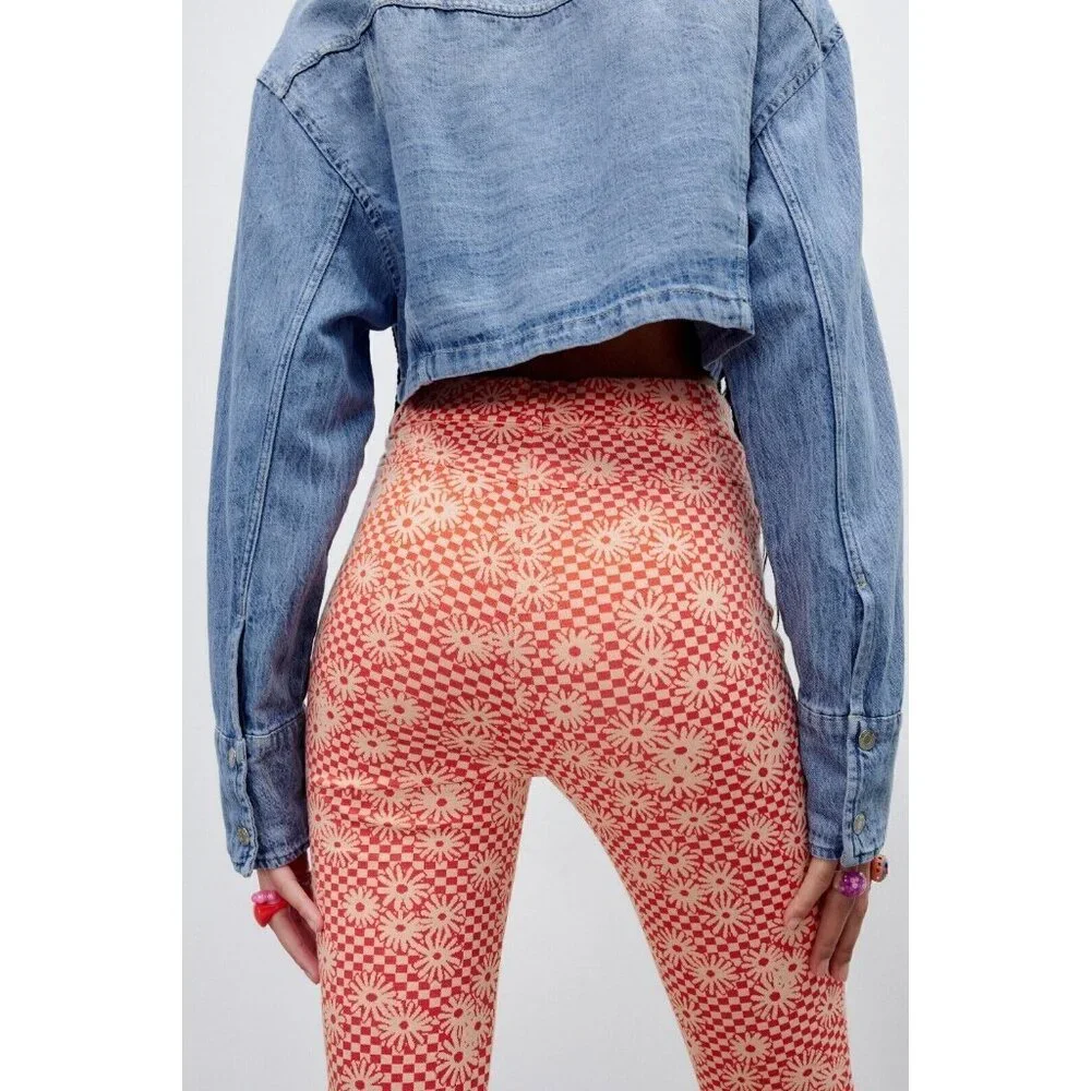 NEW ZARA Orange Daisy Print Flare Bottom Pants Size S Boho Hippie 70s Peace - Picture 5 of 7